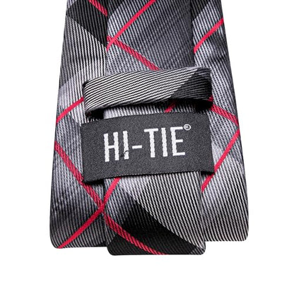 Hi-Tie Men 63inches Tie Set Extra Long Necktie Paisley Tie Pocket Suqare Cufflinks Big and Tall Men Tie - color: Black Red