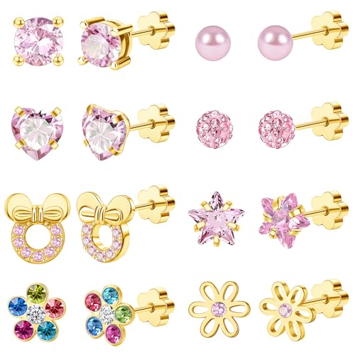 Staligue 8 & 21 Pairs Hypoallergenic Screw Back Earrings for Women – 20G Surgical Steel Flat Back Studs with Heart, CZ, Pearl, Star & Ball Designs | Tiny Cartilage Jewelry Options - color: Golden
