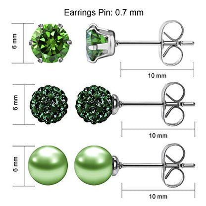 JewelrieShop Birthstone Studs Earring Set Cubic Zirconia Rhinestones Crystal Ball Faux Pearl Stainless Steel Stud Earrings for Women Jewelry Gift (6mm Round,3 Pairs) - color: 5) May. - Green