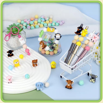 12pcs 3D Animals Silicone Focal Beads for pens | Focal Beads for Keychain Making,Pens,Bracelet,Necklace Crafts,Bulk Silicone Beads for DIY（3D animals style2.0） - color: 3D Animals（style2.0）