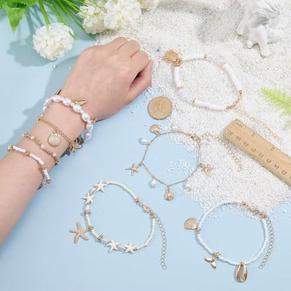 PH PandaHall 8pcs Ocean Themed Anklets for Women, Hawaiian Starfish Shell Charm Beaded Anklets Adjustable Seashell Ankle Bracelets for Beach Vacation Summer Jewelry Outfits Accessories