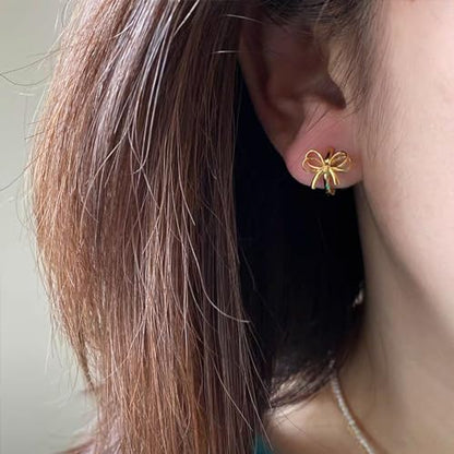 Pearl Bow Earrings for Women Coquette Aesthetic Jewelry Rhinestone Bow Earrings for Bridesmaids Wedding Party Accessories Bridal Costume Accents Bowknot Themed Gifts - color: K1: Gold Bow Hoop Earrings