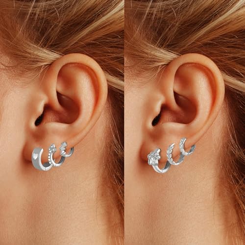 Wgoud Small Gold Hoop Earrings Set for Women, 6 Pairs 14K Gold Plated Hypoallergenic Lightweight Huggie Hoops Earrings, Trendy Cartilage Cubic Zirconia Earrings for Women Gifts. - color: D-Silver hoops