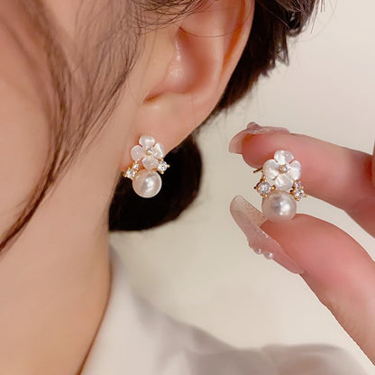 Elegant Pearl Flower Earrings for Women,Sparkling Crystal Studs & Lightweight Dangle Earrings,Hypoallergenic Floral Jewelry Perfect for Daily Wear,Office & Special Occasions