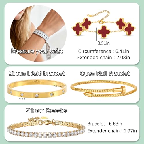 Gold Bracelets for Women, 18K Gold Plated Women Tennis Bracelets Clover Nail Love Bangle Bracelet Set, Gold Bracelet Stackable Set Trendy Jewelry, Gifts for Women's Day and Mother's Day - color: 12-Color- 4 Red