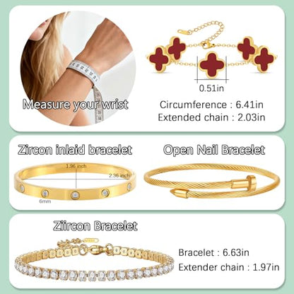 Gold Bracelets for Women, 18K Gold Plated Women Tennis Bracelets Clover Nail Love Bangle Bracelet Set, Gold Bracelet Stackable Set Trendy Jewelry, Gifts for Women's Day and Mother's Day - color: 12-Color- 4 Red