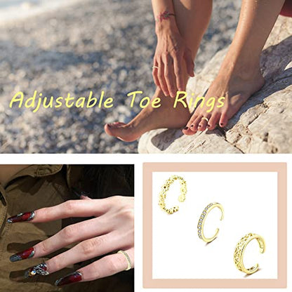 Staligue 20pcs Adjustable Toe Rings Set for Women Fingers Joint Tail Summer Beach Arrow Flower Open Rings Foot Jewelry - color: Golden