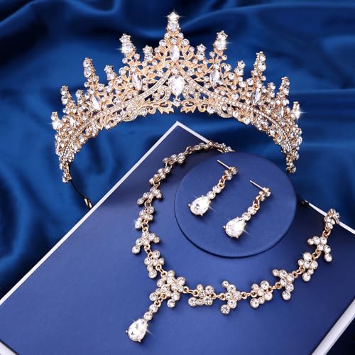 Crystal Crown and Tiara Jewelry Set for Women Bride with Necklace Earrings | Metal Rhinestone Royal Queen Princess Jewelry Set Wedding Quinceanera Pageant Prom Birthday Halloween Party Costume Gift - color: Gold