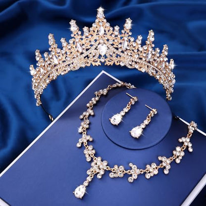 Crystal Crown and Tiara Jewelry Set for Women Bride with Necklace Earrings | Metal Rhinestone Royal Queen Princess Jewelry Set Wedding Quinceanera Pageant Prom Birthday Halloween Party Costume Gift - color: Gold
