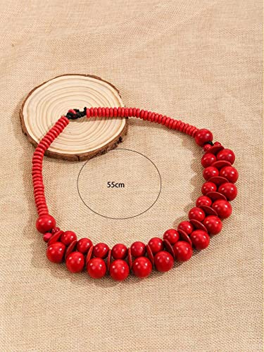 COLORFUL BLING Ethnic Large Chunky Wooden Beaded Necklaces Boho African Statement Necklace Handmade Tribal Collar Choker Bib Jewelry - color: joint red