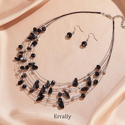 Multi-Layer Boho Shell Beaded Necklace for Women Colorful Crystal Strand with Silver Beads Statement Collars Necklace and Earrings Costumes Jewelry Sets for Women - color: 48-Black
