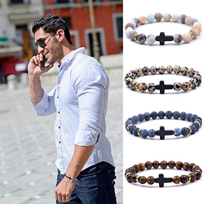 Beaded Bracelets Cross Bracelet for Women Men Lava Rock Turquoise Tiger Eye Natural Bracelet Anxiety Healing - color: 10 Pcs- black cross