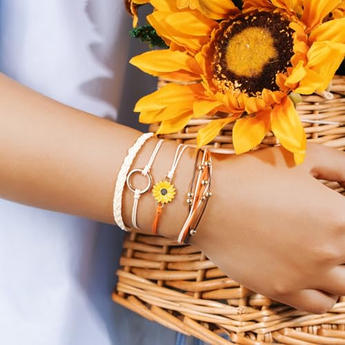 Sunflower Friendship Bracelets Boho Stackable String Bracelets Cute Trendy Gifts for Teen Girls Women - color: Beige