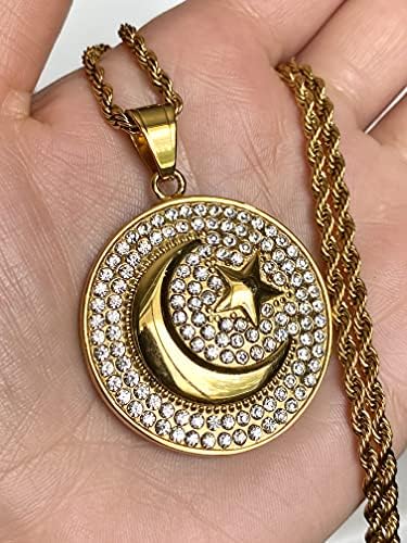 Crescent Moon & Star Pendant Necklace – Men & Women 14k Gold Finish, Iced Out Medallion, 925 Italy Stainless Steel, 2.5mm Rope Chain - size: 16" Necklace