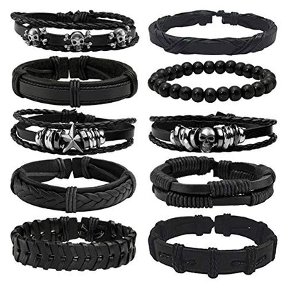 6-12PCS Braided Faux Leather Bracelet Punk Cuff Wrap Bracelets for Men Women Adjustable - color: F:10pcs