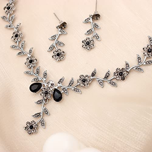 Flower Leaf Crystal Pendant Necklace Dangle Earrings Link Bracelet Bride Bridesmaid Jewelry Sets for Women Wedding Party - color: Black Diamond-Platinum Plated