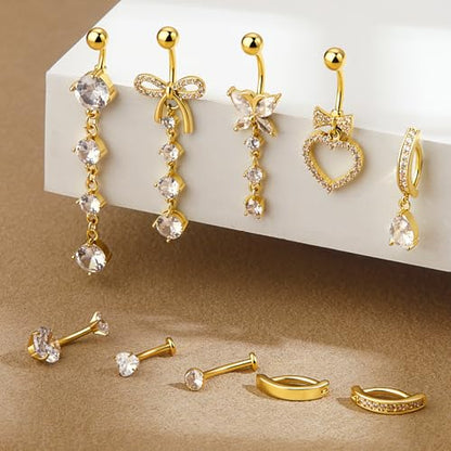 10 Pcs Belly Button Ring Dangle Hypoallergenic Surgical Stainless Steel Heart Bow Butterfly Dangly Belly Rings for Women Clicker Floating Navel Piercing Jewelry 14G