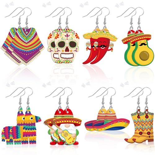 8Pair Cinco De Mayo Acrylic Earring for Women Mexican Fiesta Jewelry | Mexican Carnivals Dangle Earrings, Cinco De Mayo Jewelry Gifts Party Accessories, Lightweight Acrylic, Double Side - style: Cinco De Mayo Mexican