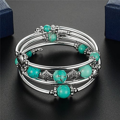 Beaded Pearl Bangle Wrap Bracelet - Fashion Bohemian Jewelry Multilayer Charm Bracelet with Thick Silver Metal Beads, Gift For Women - color: Turquoise