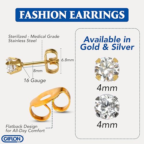 Caflon 24K Gold Plated | Stainless Steel Cubic Zirconia Stud Earrings 4mm | Nickel Safe Hypoallergenic Ear Jewelry | Sparkling Round Silver Tone Crystal Design with Secure Push-Back Closure | Everyday Fashion Jewelry - style: Gold Plated