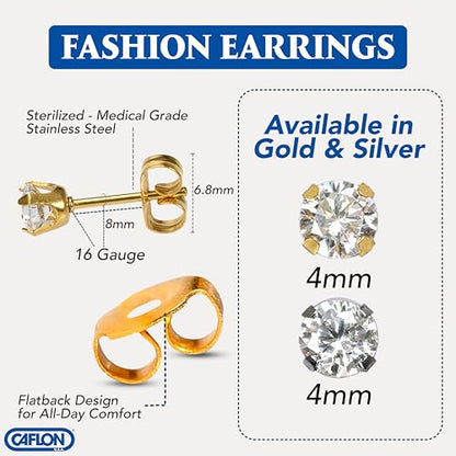 Caflon 24K Gold Plated | Stainless Steel Cubic Zirconia Stud Earrings 4mm | Nickel Safe Hypoallergenic Ear Jewelry | Sparkling Round Silver Tone Crystal Design with Secure Push-Back Closure | Everyday Fashion Jewelry - style: Gold Plated