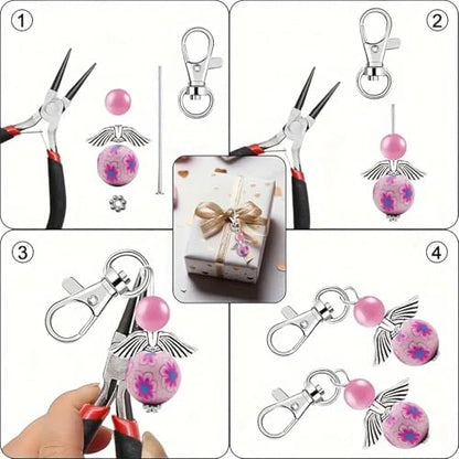 Metacipher 180Pcs DIY Angel Keychain Making Kit with Beads & Pliers | Angel Wing Spacers,Floral Beads,Lobster Clasps,DIY Bag Charm,Gifts, Jewelry Making Supplies,Crafts, for Women Adults - color: Flowers Beads