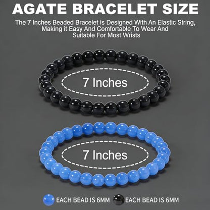2PCS Agate Bracelet for Women Men Natural Round Beaded Agates Stone Healing Stretch Bracelets Elastic Handmade Polished Gemstone Beads Bracelet - color: Blue+Black, size: 6mm Beads
