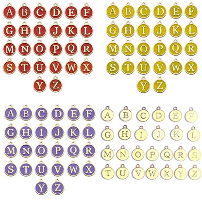 A-Z Letter Charms Round Enamel Alphabet Initial Pendant for Jewelry Making,Double-Side for Necklace Bracelet Earring DIY Craft - color: 4 sets(104pcs)-Red,Yellow,Purple,Golden