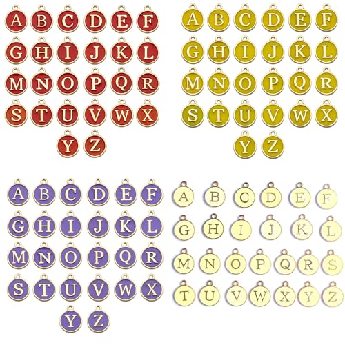 A-Z Letter Charms Round Enamel Alphabet Initial Pendant for Jewelry Making,Double-Side for Necklace Bracelet Earring DIY Craft - color: 4 sets(104pcs)-Red,Yellow,Purple,Golden