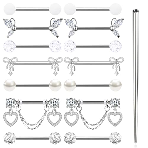 7 Pairs Nipple Rings Stainless Steel 14G Nipple Piercing Jewelry Silver Pink Heart Butterfly Knot CZ Stud Barbell Tongue Rings Internal Threaded Body Piercing Kit - color: A: white