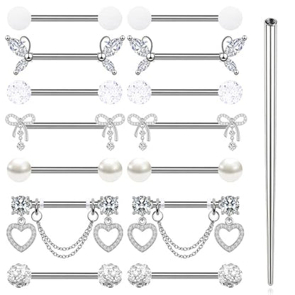 7 Pairs Nipple Rings Stainless Steel 14G Nipple Piercing Jewelry Silver Pink Heart Butterfly Knot CZ Stud Barbell Tongue Rings Internal Threaded Body Piercing Kit - color: A: white