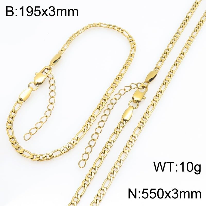 Kemstone Stainless Steel Figaro Cuban Bracelet Necklace Set for Men Women Jewelry - color: Gold 01