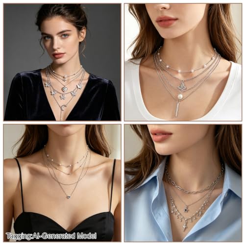 24 Pcs Y2K Necklace Set, Layered Grunge Emo Jewelry Pack With Cross, Butterfly, Heart, Moon, Star, and Pearl Chain Pendant Accessories, Daily Wear Gifts for Women - color: 16 Pcs Silver
