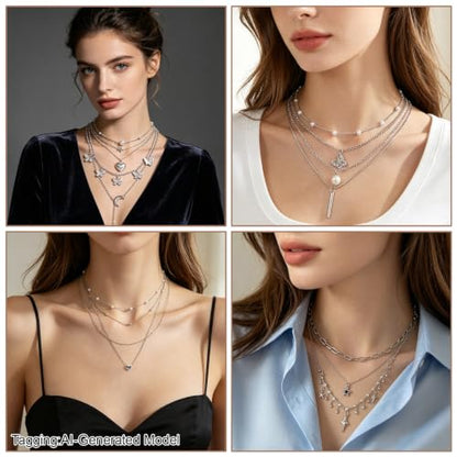 24 Pcs Y2K Necklace Set, Layered Grunge Emo Jewelry Pack With Cross, Butterfly, Heart, Moon, Star, and Pearl Chain Pendant Accessories, Daily Wear Gifts for Women - color: 16 Pcs Silver