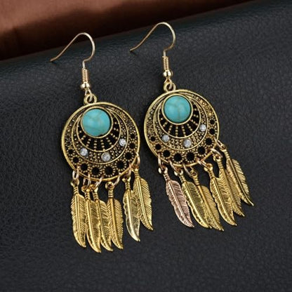 Blue Turquoise Dream Catcher Feather Earrings for Women Vintage Bohemian Western Jewelry - style: Gold Turquoise