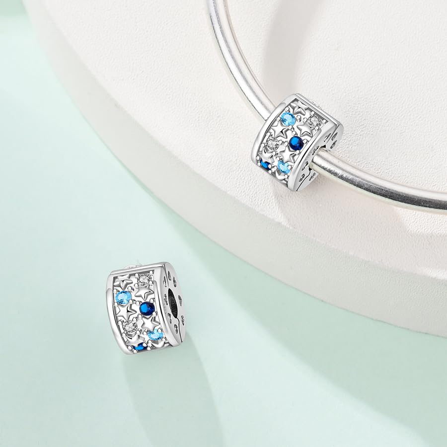 925 Sterling Silver Openable Clip Spacer Bead Fits Pandora Bracelet | Hypoallergenic Clip Stopper Charm, Star Clover Butterfly Floral Mom Heart Paved Zircon Gift for DIY Charm Bracelet Jewelry - color: Blue Zircon Star