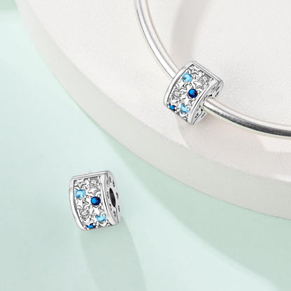 925 Sterling Silver Openable Clip Spacer Bead Fits Pandora Bracelet | Hypoallergenic Clip Stopper Charm, Star Clover Butterfly Floral Mom Heart Paved Zircon Gift for DIY Charm Bracelet Jewelry - color: Blue Zircon Star