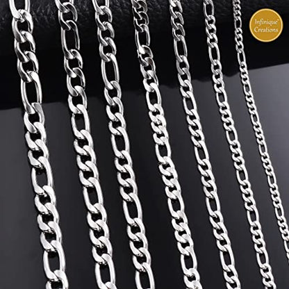 INFINIQUE CREATIONS Stainless Steel Silver Figaro Chain Bracelet Necklace Men Women 3-12mm 7-38" - size: 10, style: 5mm