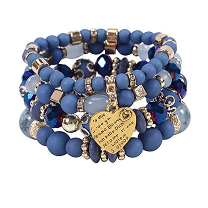 Women Beaded Bracelet Set | Colorful Boho Stackable Trendy Design with Crystal Accents Multilayer Bangle Bracelet | Fashion Stretch Braclets Jewelry for Women - color: Blue