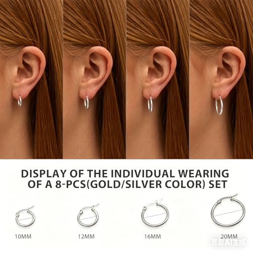 5 Pairs Silver Gold Small Hoop Earrings for Women Surgical Steel Huggie Set | 10 12 14 16 20 mm, Lightweight, Hypoallergenic, 14K Gold Plated 316L Stainless Steel Jewelry, Multiple Piercing - color: Silver+Gold/8 Pairs