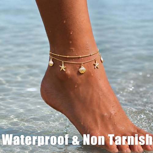 Gold/Sterling Silver Anklet Bracelets for Women Waterproof, Non Tarnish 925 Sterling Sliver Plated Heart Evileye Butterfly Charm, Dainty Summer Beach Anklets for Women, Beach Vacation Bikini Outfits for Her Mom - style: Starfish & Shell