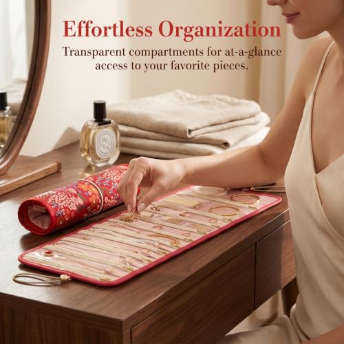 Embroidery Jewelry Roll Organizer Travel Jewelry Storage Roll Case Foldable Small Jewelry Pouch Jewelry Roll up Bag for Journey Rings, Necklaces, Earrings, Bracelets (Red) - color: Red