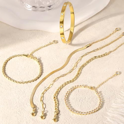 MOINSPIRE Bracelets for Women Non Tarnish, Dainty 18K Gold Plated Bracelets Stack Trendy Waterproof Stackable Bangles, Cuban Link Paperclip Chain Jewelry Set Fashion Accessories Gifts for Women - color: A2--Gold Tennis Ball+Bracelet