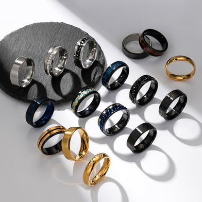 EIELO 16Pcs Stainless Steel Band Rings for Men Cool Black Golden Silvery Plated Rings Comfort Fit Fidget Spinning Chain Ring Fashion Simple Mens Wedding Engagement Ring Set