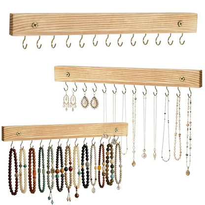 Rainmae 3 PCS Necklace Holder Jewelry Organizer Hanger with 39 Hooks Wooden Wall Mounted Jewelry Storage Holder for Necklaces Earrings and Bracelets Decorative Display Rack for Closet Bedroom