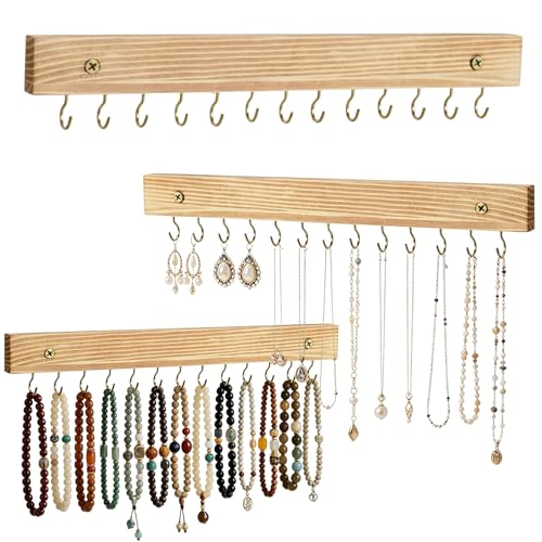 Rainmae 3 PCS Necklace Holder Jewelry Organizer Hanger with 39 Hooks Wooden Wall Mounted Jewelry Storage Holder for Necklaces Earrings and Bracelets Decorative Display Rack for Closet Bedroom