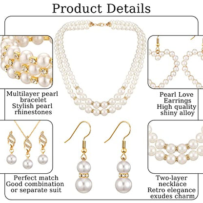 Bonuci 12 Pcs Women Pearl Jewelry Set Pearl Necklace Bracelet Earrings with Rhinestone for Wedding Birthday Bridal Tea Party - style: Noble Style