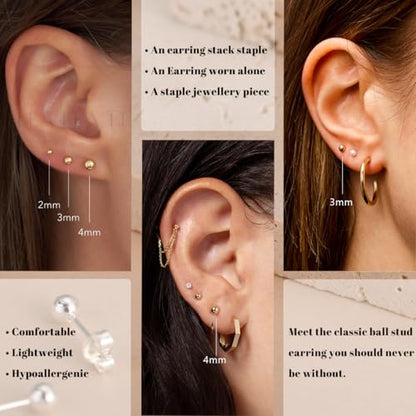 JEMARA Sterling Silver Stud Earrings for Women Pearl Earrings Non Tarnish | Hypoallergenic 925 Sterling Silver Pearl Cubic Zirconia Studs Set Trendy Earrings for Sensitive Ears 6 Pairs - color: 3Pairs 4mm Ball-Gold