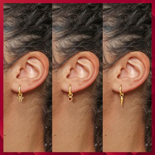 Freekiss Gold Huggie Earrings with 3 Charms for Women | 14K gold-plated huggie hoops with cherry, bow, and pearl charms for interchangeable daily styling, parties, and gifts - color: Heart Bow Spearhead-GD