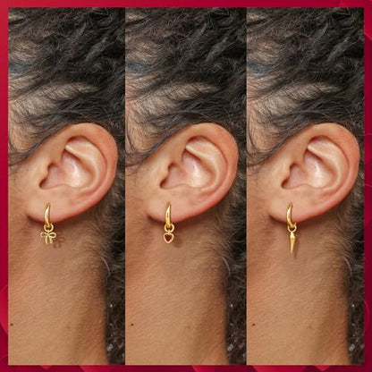 Freekiss Gold Huggie Earrings with 3 Charms for Women | 14K gold-plated huggie hoops with cherry, bow, and pearl charms for interchangeable daily styling, parties, and gifts - color: Heart Bow Spearhead-GD